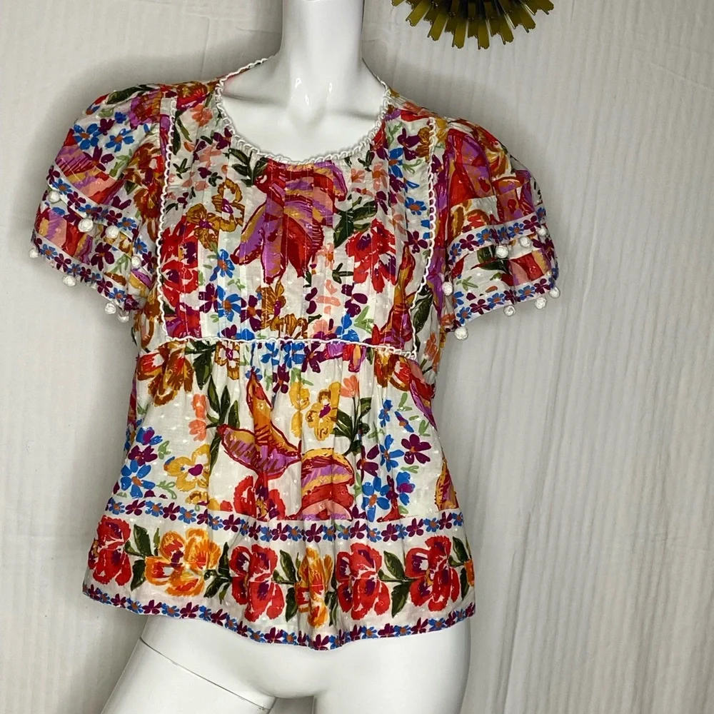 FARM Rio White Floral Embroidered Puff Sleeve Top with Multicolor Blooms